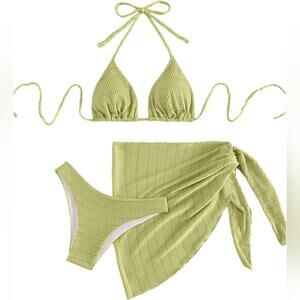 NWOT SHENHE 3 Piece Textured High Cut Halter Triangle Bikini Swimsuit, Small